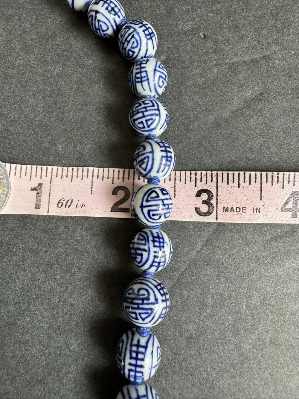 Vintage Chinese Shou Bead Necklace Blue White Porcelain Beaded Longevity 24